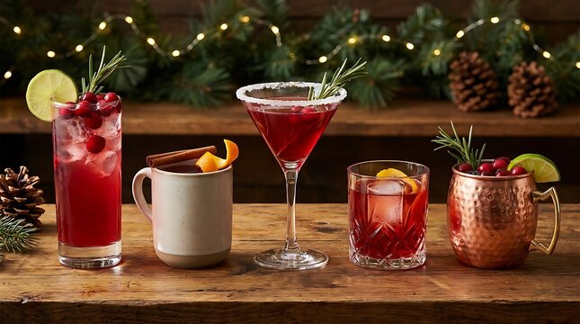 Five different festive holiday cocktails with cranberry and rosemary garnish served on a rustic wooden table at night