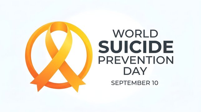 A conceptual graphic design promoting awareness for world mental health day and world suicide prevention day featuring a yellow ribbon symbol on a white background