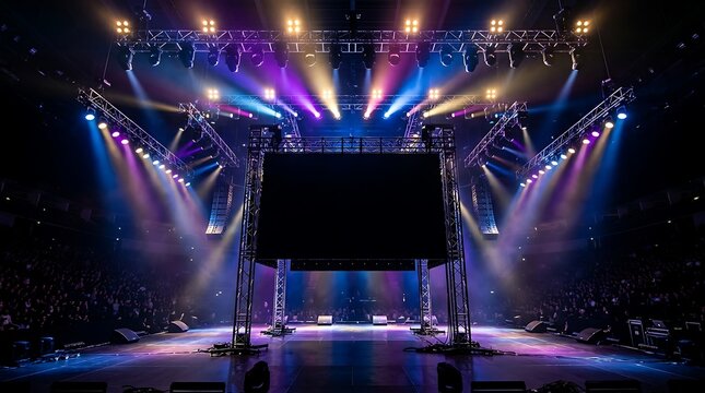 Empty concert stage with dramatic purple and blue lighting for live music performance setup