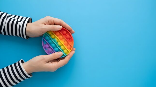 Hands holding a colorful rainbow pop it toy on a blue background representing support and awareness during the annual global world mental health day event