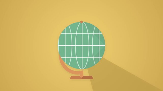 Minimalist flat design animation of a stylized desk globe on a warm yellow background concept.