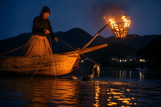 Japanese ukai cormorant fisherman with trained bird on leash, torch-lit wooden boat on Nagara River at night, ancient imperial tradition. 