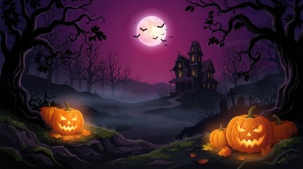 Fototapeta premium Spooky Halloween Night Scene with Castle Pumpkins Bats and a Full Moon