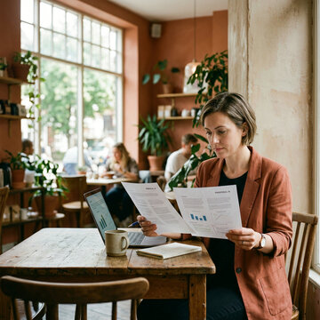 Woman comparing Proposal A and Proposal B documents at a sunlit cafe table