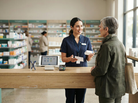 Pharmacist handing medication boxes to an older customer at a bright counter