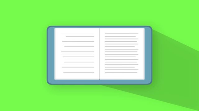 Flat design animation of a digital e-book reader tablet with open book pages on green background