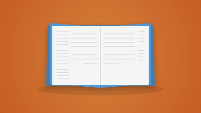 Animated flat design of an open blue book with turning pages over a solid orange background