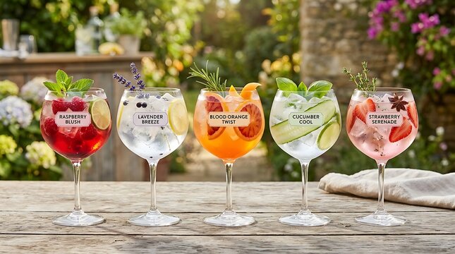 Five colorful gin and tonic cocktails with fresh fruit and herbs served on a wooden table in a sunny summer garden