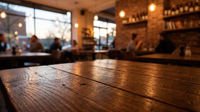 Dark brown wooden tabletop in a blurred cafe interior with brick walls and warm pendant lighting showing silhouettes of people sitting at tables near large windows