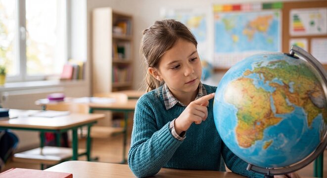 Curious schoolgirl pointing at a world globe during a geography lesson in a bright elementary classroom.