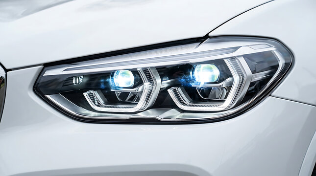 Sleek car headlight glowing white and blue on a modern luxury vehicle front exterior