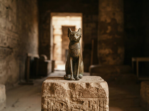 Bronze cat statue on a stone pedestal in a dim temple corridor under gentle light