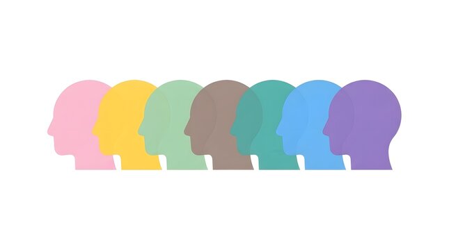 A colorful row of human head silhouettes representing diverse minds and unity for the annual world mental health day celebration on a clean white background