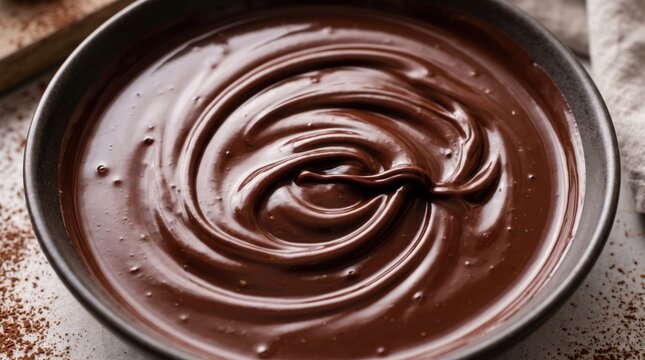 Dark melted chocolate ganache swirling in a round ceramic bowl with cocoa powder dusting on a rustic surface