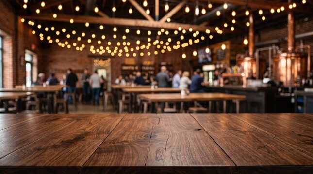 Dark brown wooden tabletop in foreground with blurred craft brewery interior featuring warm string lights and patrons sitting at tables in the background