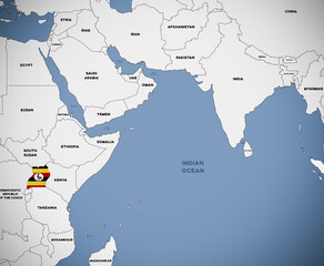 Illustration of a map of Africa with Uganda highlighted with the Ugandan national flag. © Sergey Fedoskin