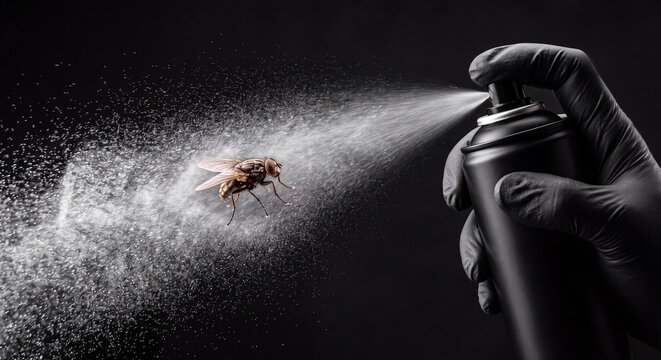 Gloved hand spraying insecticide from an aerosol can toward a flying insect against a dark background.
