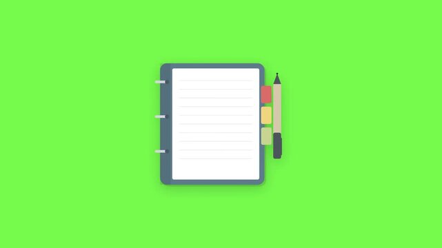 Animated notebook icon with pen on green screen background for educational and business concepts