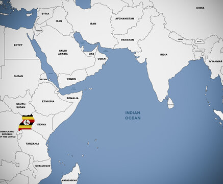 Illustration of a map of Africa with Uganda highlighted with the Ugandan national flag.