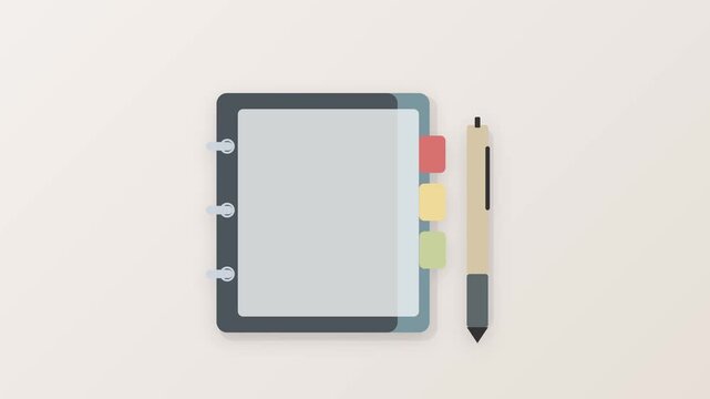 Flat illustration of a notebook binder with colorful index tabs and pen tool
