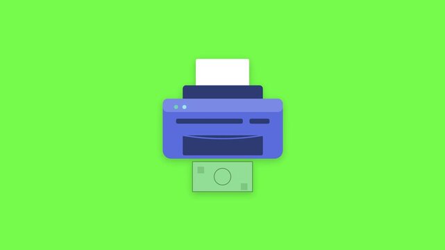 Flat vector animation of a printer producing cash symbolizing profit and passive income success.