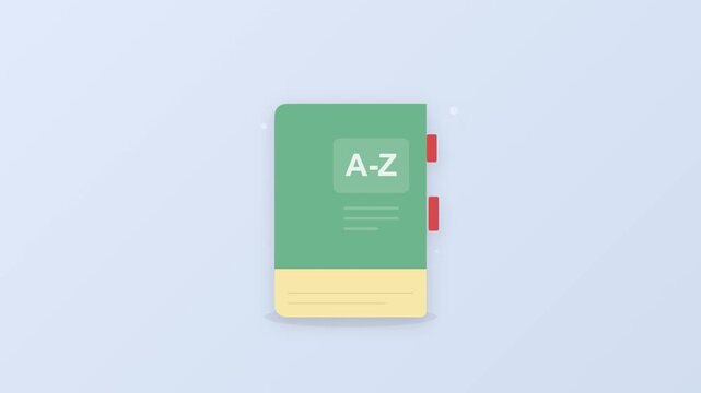 Animated green encyclopedia book icon with A-Z text for education and vocabulary learning concept