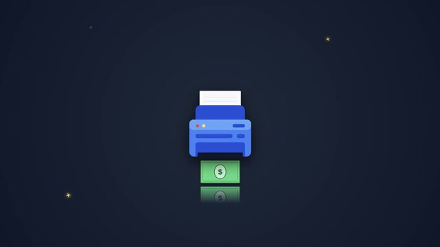 Animated motion graphic of a blue printer machine printing green dollar bills for wealth concept.