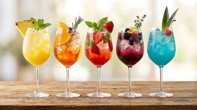 Five colorful refreshing cocktails in wine glasses decorated with fresh fruit and herbs on a rustic wooden table