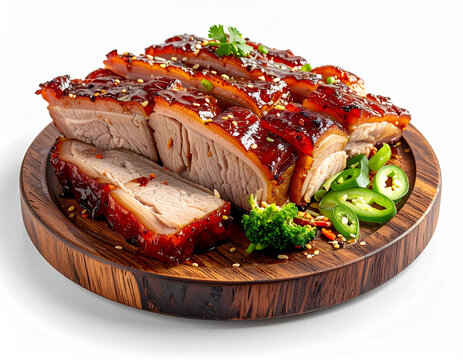 Char siu slices, wooden tray, closeup. AI