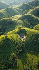 Fototapeta premium Lush green tea plantation covering rolling hills with neatly patterned crops and a winding path. 