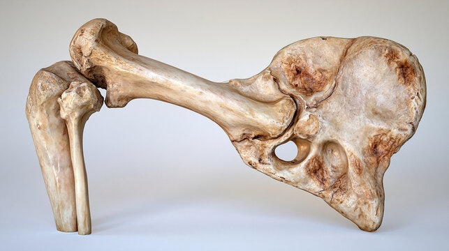 Museum-quality scientific 3D model displaying healthy hip bone anatomy on the left and advanced cancerous bone changes on the right, dramatic contrast between smooth compact bone and distorted fragi