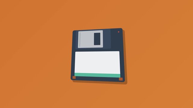 Flat design animation of a vintage 3.5-inch floppy disk for data storage on orange background.