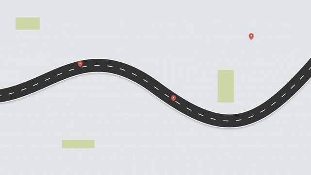 Winding road map animation with red location pins and generic buildings on a grey grid background