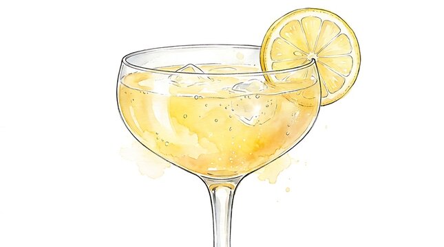 A refreshing cold cocktail drink in a glass with a slice of fresh yellow lemon garnish for a summer party vibe