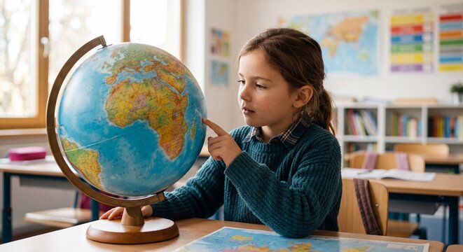Focused schoolgirl pointing at a world globe during an interactive geography lesson in a bright classroom.