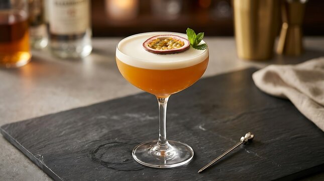 Fresh passion fruit martini cocktail with mint garnish in a glass served on a dark stone tray in a restaurant bar