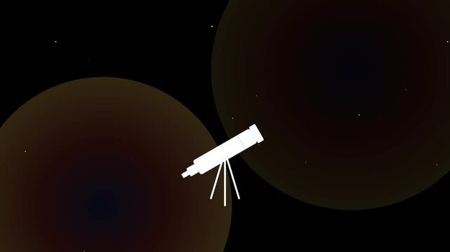 White telescope icon on dark background with planets and stars science animation