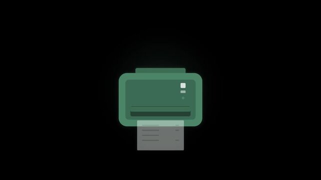 Minimalist 2D animation of a stylized printer outputting a document on a dark background