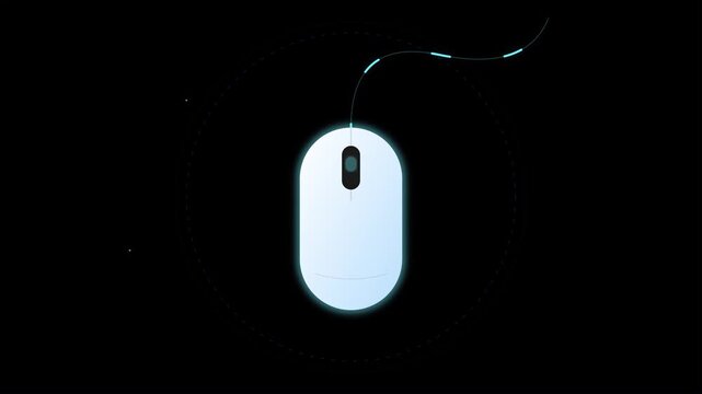Glowing blue computer mouse icon animation on black background representing technology and connectivity