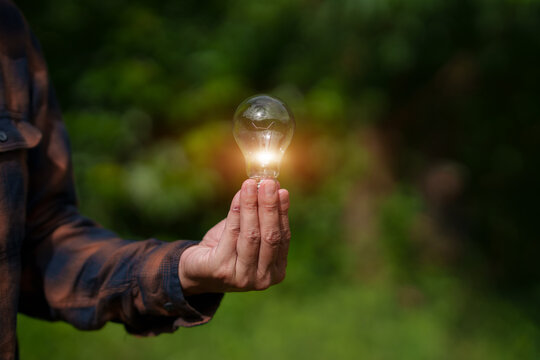 Farmer Holding Glowing Light Bulb for Green Energy and Sustainable Agricultural Innovation Concept