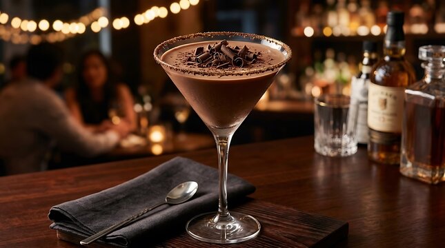 Delicious chocolate martini cocktail in a glass on a bar counter with blurred lights in the background at night time