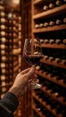 Fototapeta premium Hand holding a glass of red wine in an elegant wine cellar surrounded by rows of bottles. 