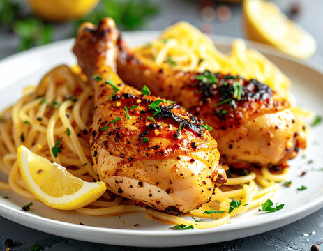 Roasted lemon pepper chicken legs, spaghetti, white plate, closeup. AI