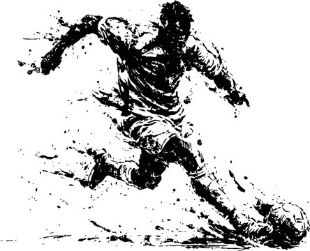 Dynamic soccer player kicking ball with splatter effect, black and white sports illustration