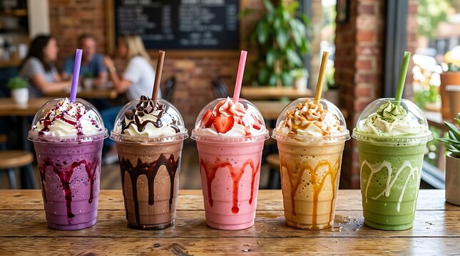 Five colorful milkshakes with whipped cream and syrup in clear plastic cups sitting on a wooden table in a cafe