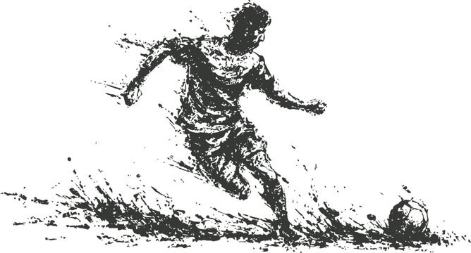 Silhouette of soccer player kicking ball with dynamic motion splash effect in black and white