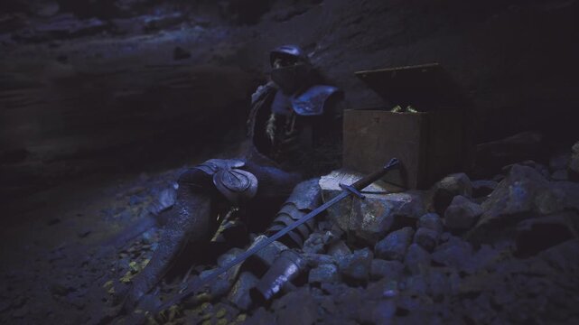 Two figures in rocky cave, one kneeling beside fallen comrade with coins scattered, cloaked lookout scanning exit, torchlight cuts through dust, rubble