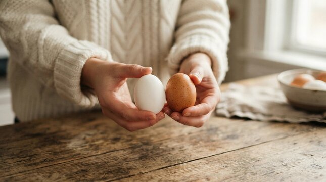 Hands holding one white and one brown organic egg in a cozy rustic kitchen setting captured with soft natural lighting and a shallow depth field