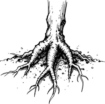 Tree roots detailed black and white line art illustration with exposed soil and fine root hairs