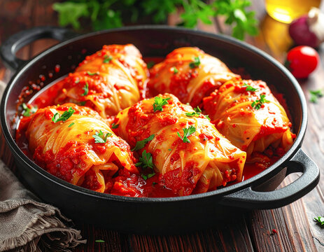 Cabbage rolls in a savory tomato sauce. AI